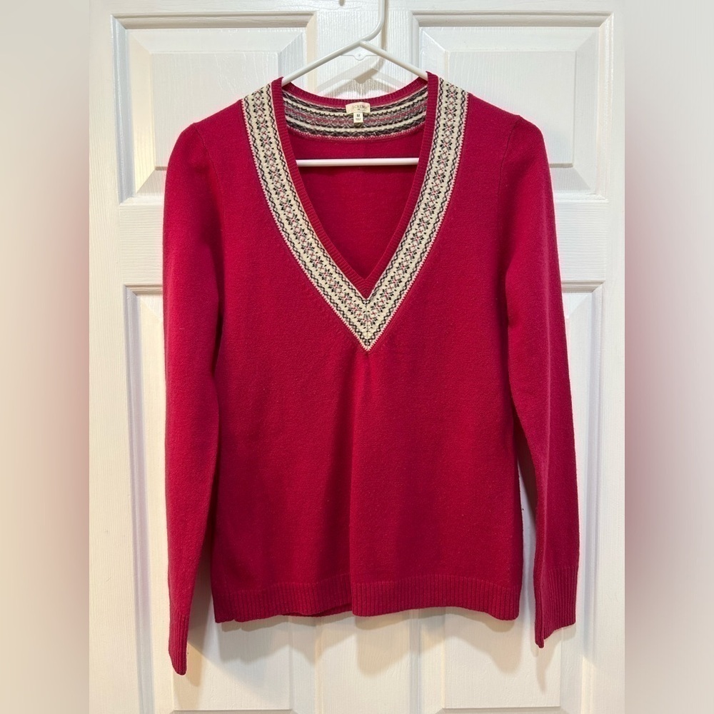 J. Crew Factory Pink Lambs Wool Sweater Deep Floral Trimmed V-Neck Size M